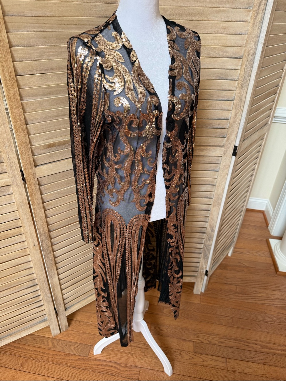 Chicken Fried Chicks Black Gold Bronze Sheer Sequin Open Front Duster